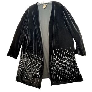 Vintage 90's Onyx Nite Black Velvet Rhinestone Cardigan Size 1X‎ Open Long USA